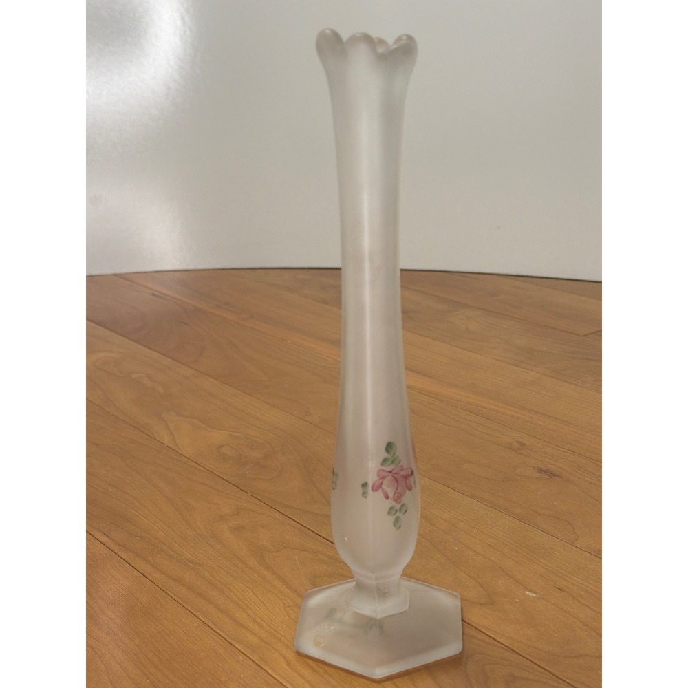 Signed L. Hamshill 1976 Satin Art Glass Bud Vase | Hand Painted Floral Vase